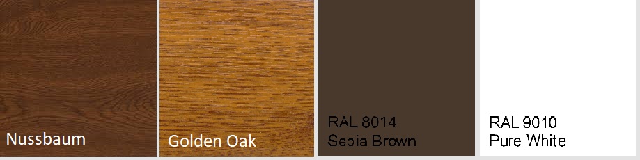 Χρωματολόγιο σιτών — λευκό RAL 9010, καφέ RAL 8014, Nussbaum, Golden Oak